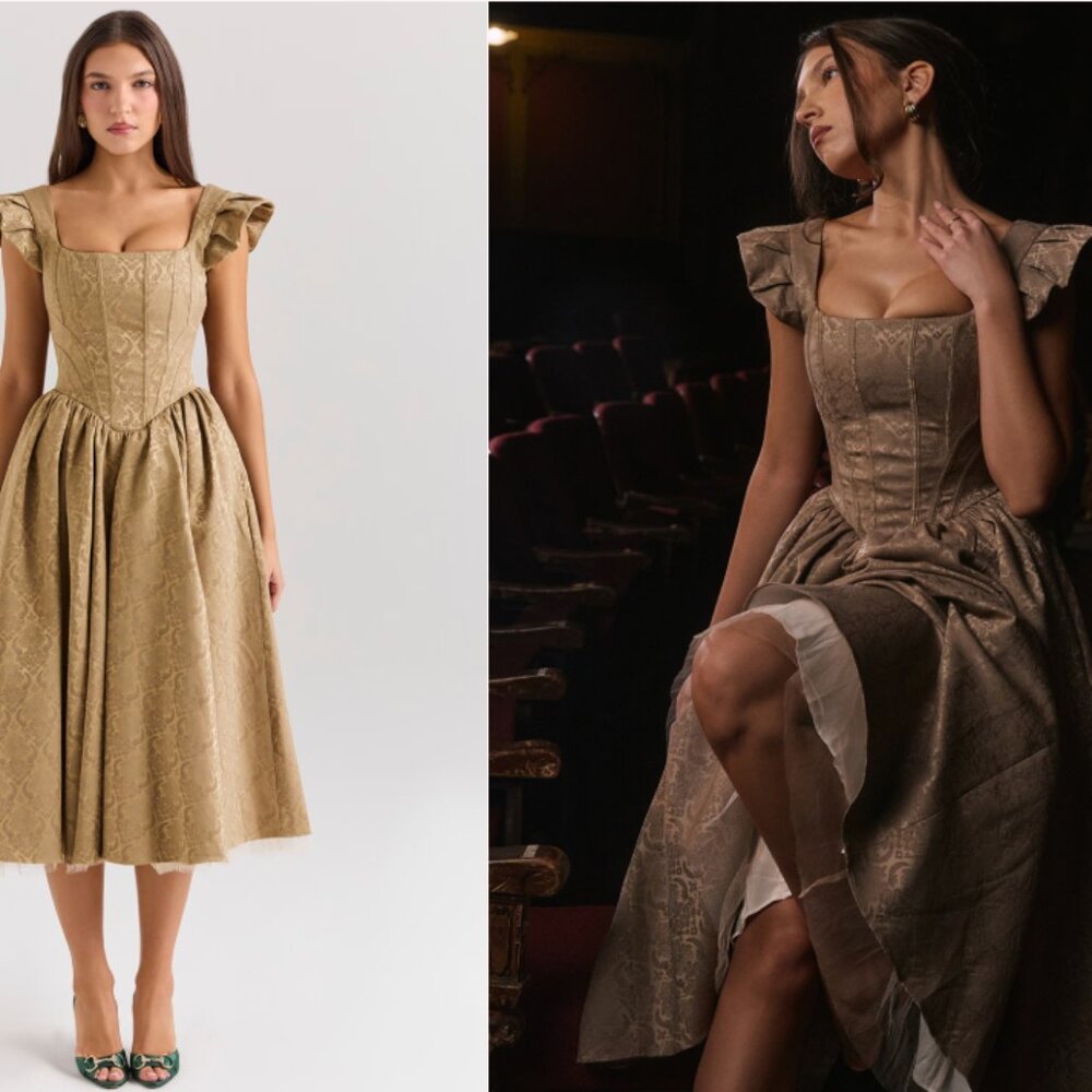 HOUSE OF CB 'Alessandra' Gold Jacquard Midi Dress w/ Detachable Bow NWOT - Picture 2 of 10
